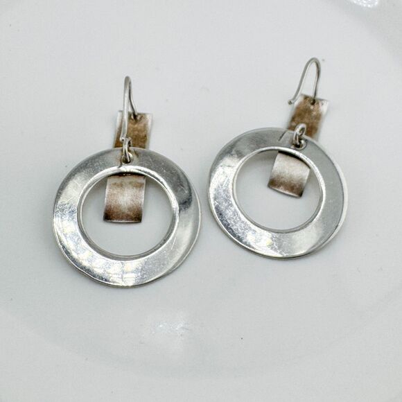 Vintage 925 Silver Modern Hoop Bar Drop Earrings Geometric Brushed Polished - Picture 5 of 6